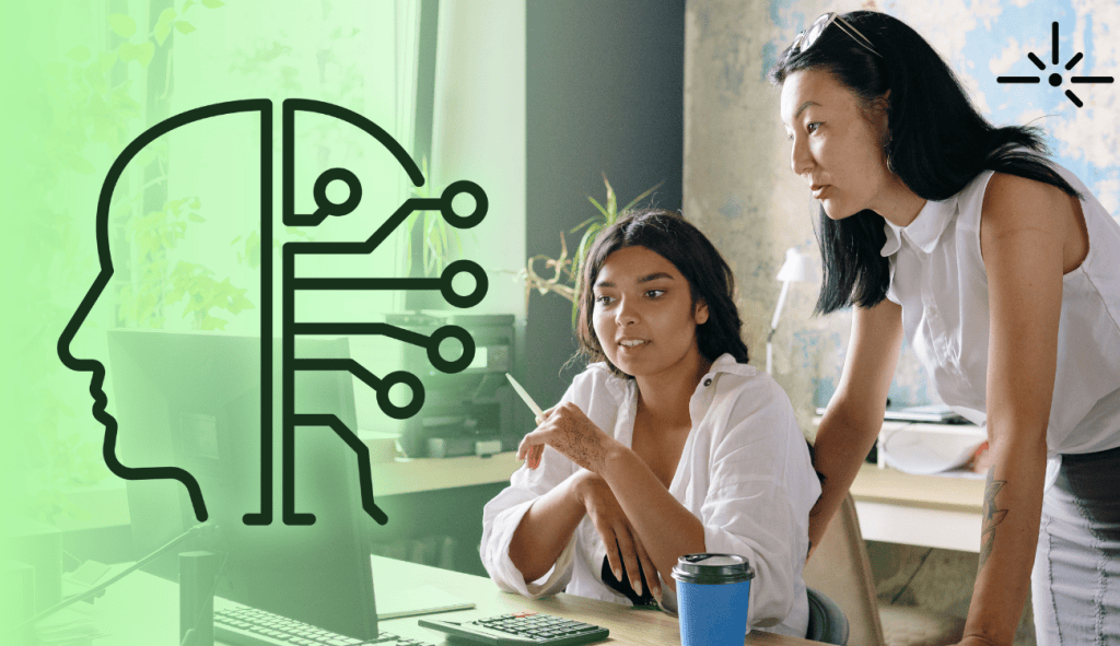 nonprofit email marketing experts looking at laptop with AI icon and pure firefly logo